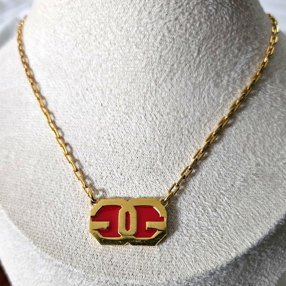 Vintage Givenchy 1977 Double G Red Enamel Gold Plated Necklace - Picture 1 of 7